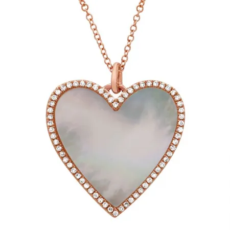 14K Rose Gold Diamond   Mother of Pearl Large Heart Necklace