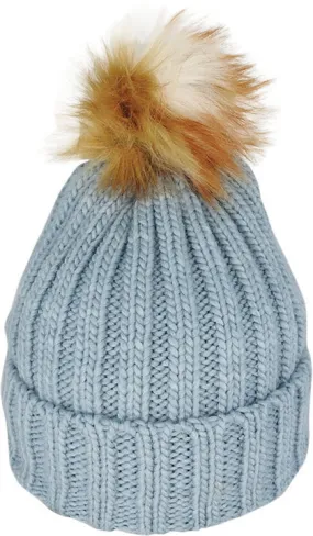 Acrylic Knit Beanie Fur Pom Pom | Denim