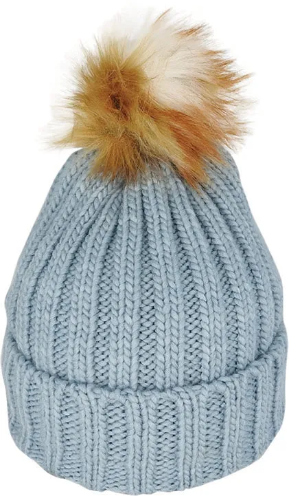 Acrylic Knit Beanie Fur Pom Pom | Denim
