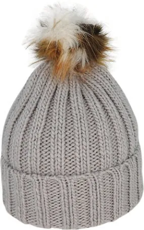 Acrylic Knit Beanie Fur Pom Pom | Grey