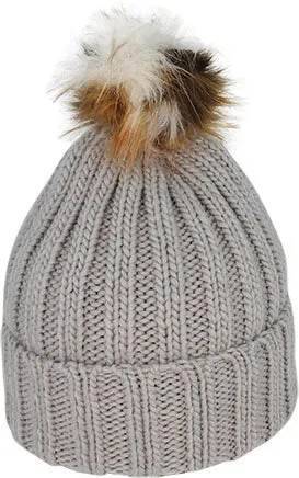 Acrylic Knit Beanie Fur Pom Pom | Grey