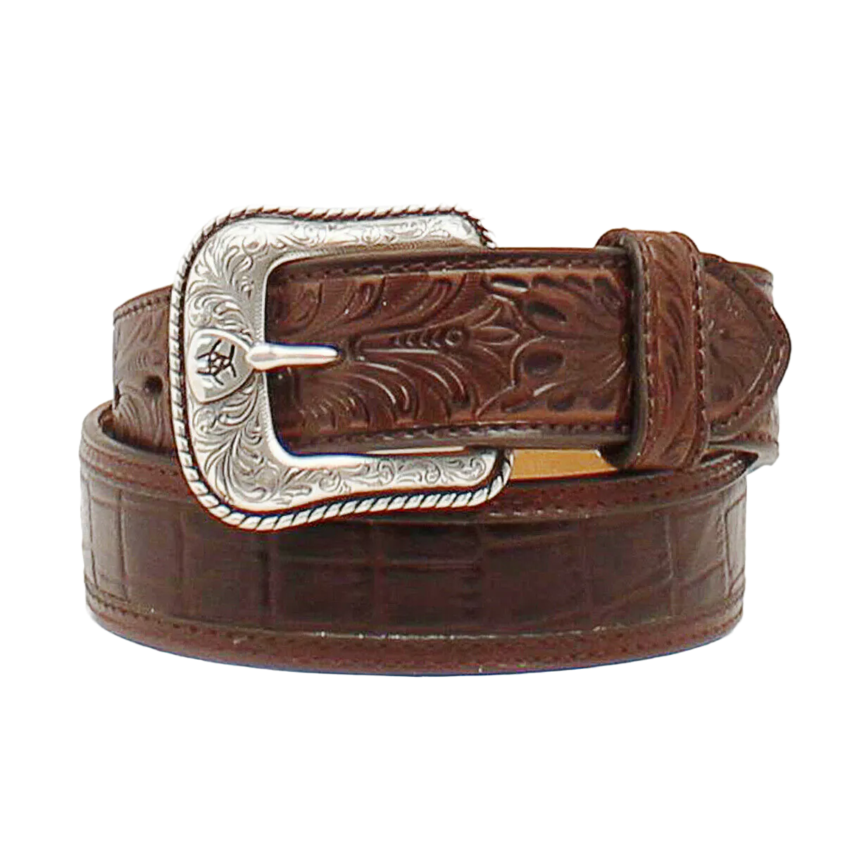 Ariat Men's Brown Crocodile Print Floral Embossed Tab Belt A1021202