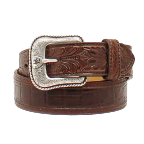 Ariat Men's Brown Crocodile Print Floral Embossed Tab Belt A1021202