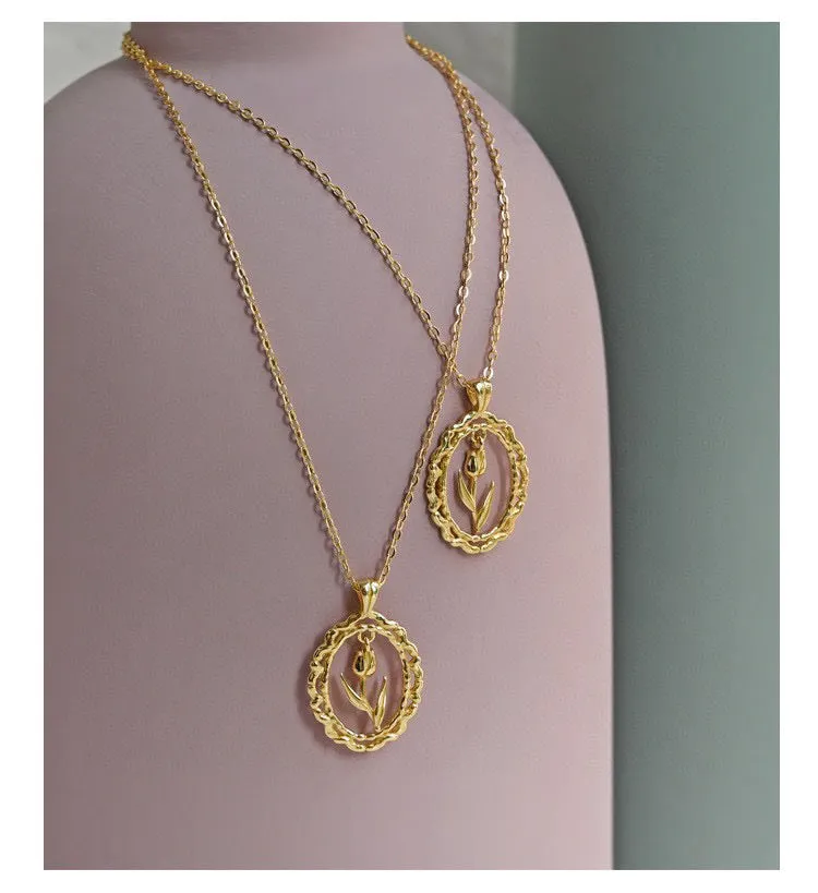 Art Deco 18K Solid Gold Rose Pendant and Earrings