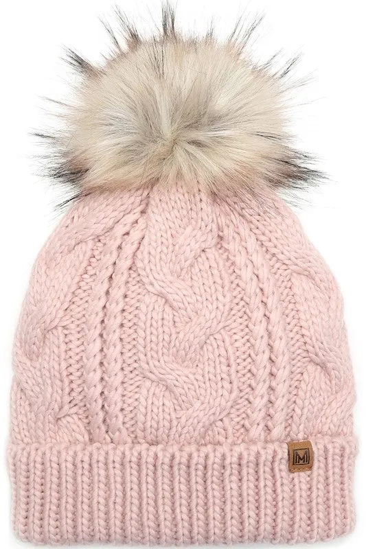 Assorted Cable Knit Faux Fur Pom Beanie Hat