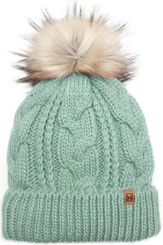 Assorted Cable Knit Faux Fur Pom Beanie Hat