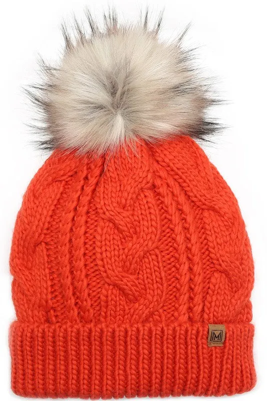 Assorted Cable Knit Faux Fur Pom Beanie Hat