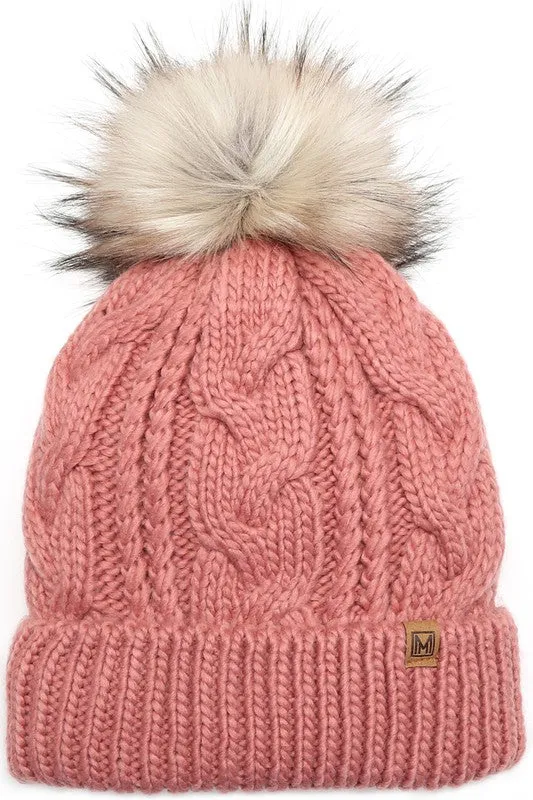 Assorted Cable Knit Faux Fur Pom Beanie Hat