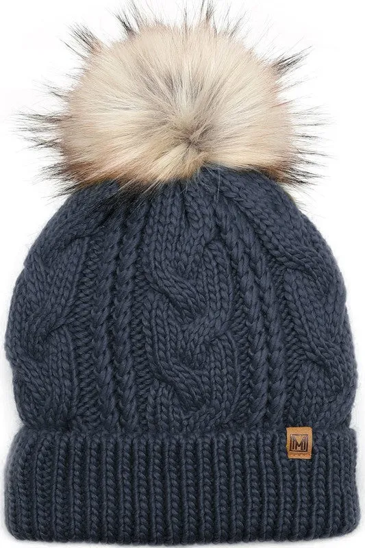 Assorted Cable Knit Faux Fur Pom Beanie Hat