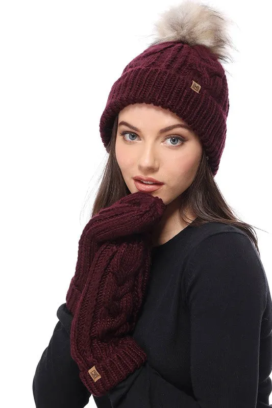 Assorted Cable Knit Faux Fur Pom Beanie Hat