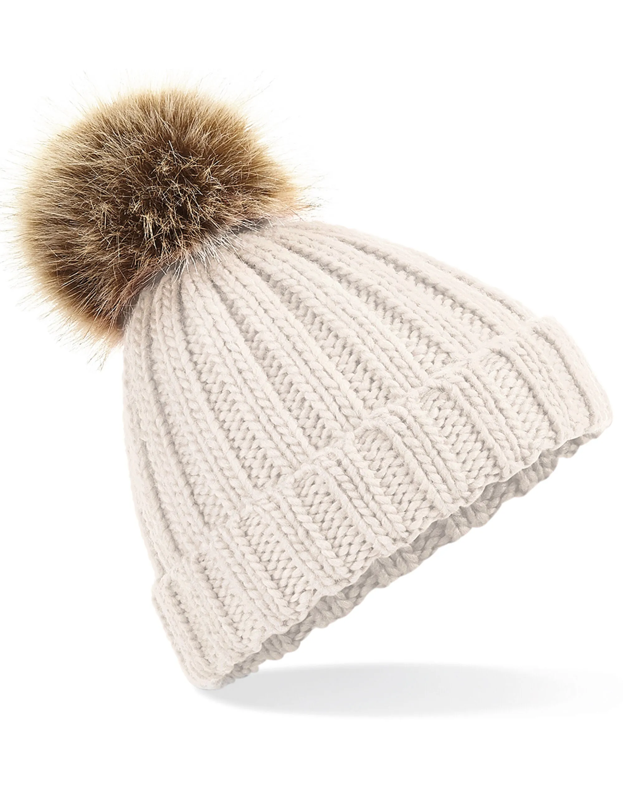 Beechfield Junior Faux Fur Pom Pom Chunky Beanie | Multicolor | One Size