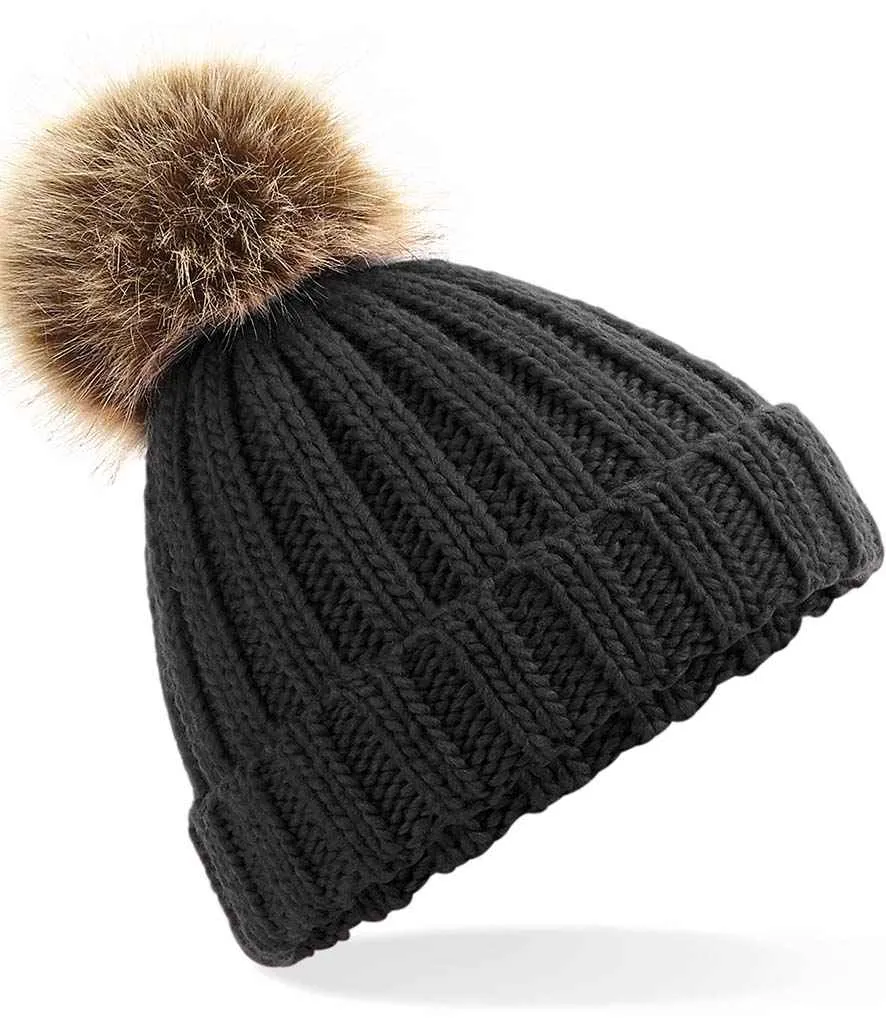 Beechfield Junior Faux Fur Pom Pom Chunky Beanie | Multicolor | One Size