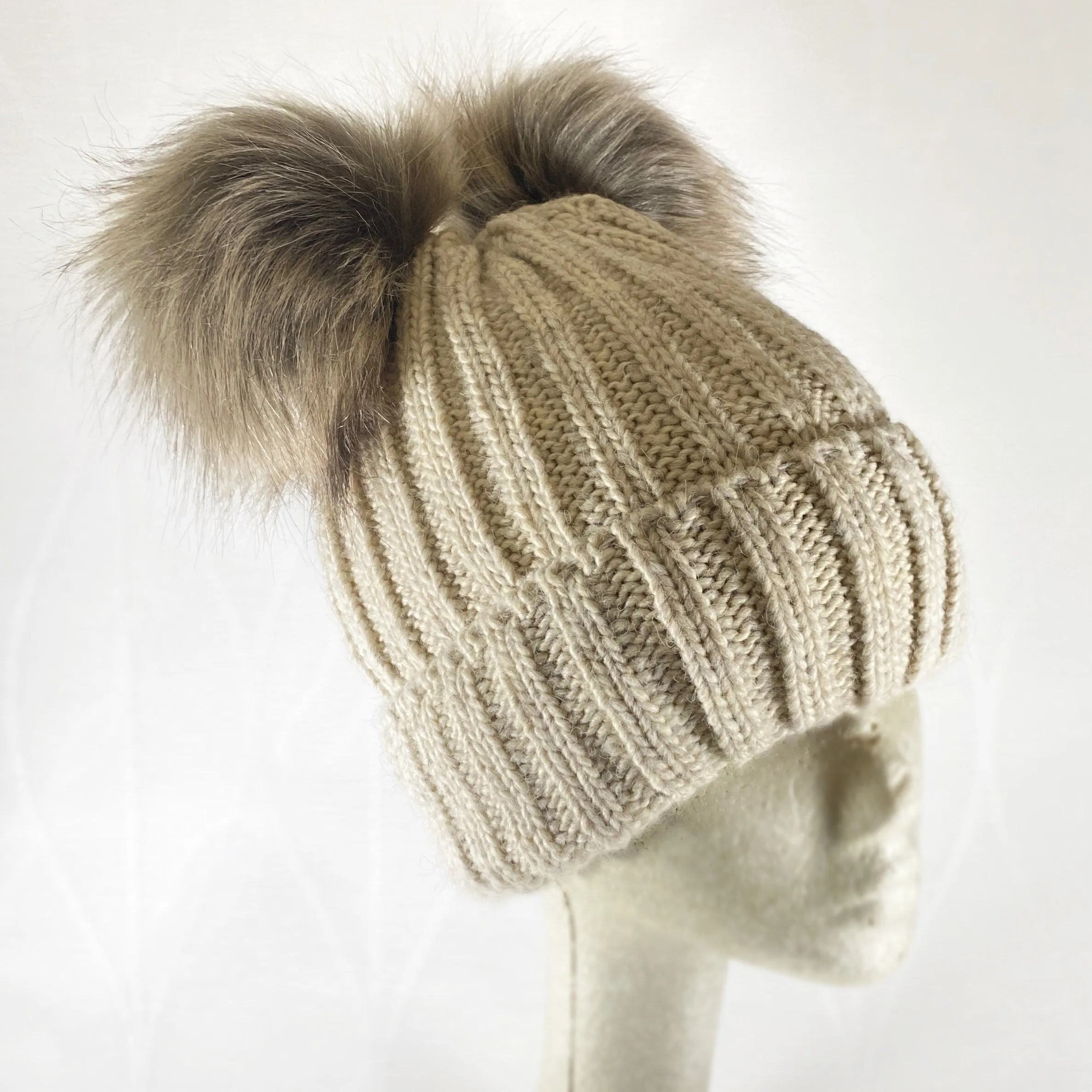 Beige and Brown Winter Beanie With Two Pompoms - Made From Italian Wool, Acrylic Yarn, and Faux Fur