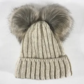 Beige and Brown Winter Beanie With Two Pompoms - Made From Italian Wool, Acrylic Yarn, and Faux Fur