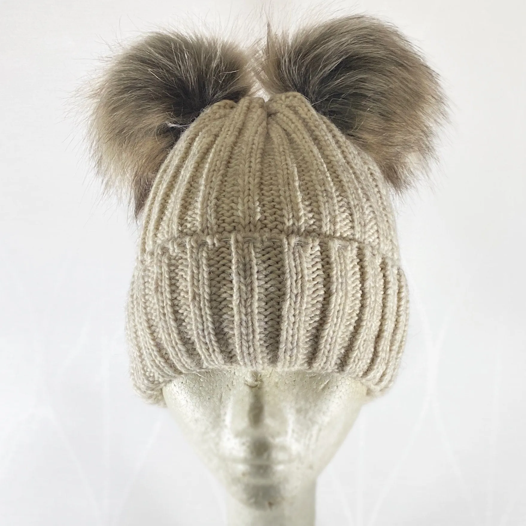 Beige and Brown Winter Beanie With Two Pompoms - Made From Italian Wool, Acrylic Yarn, and Faux Fur