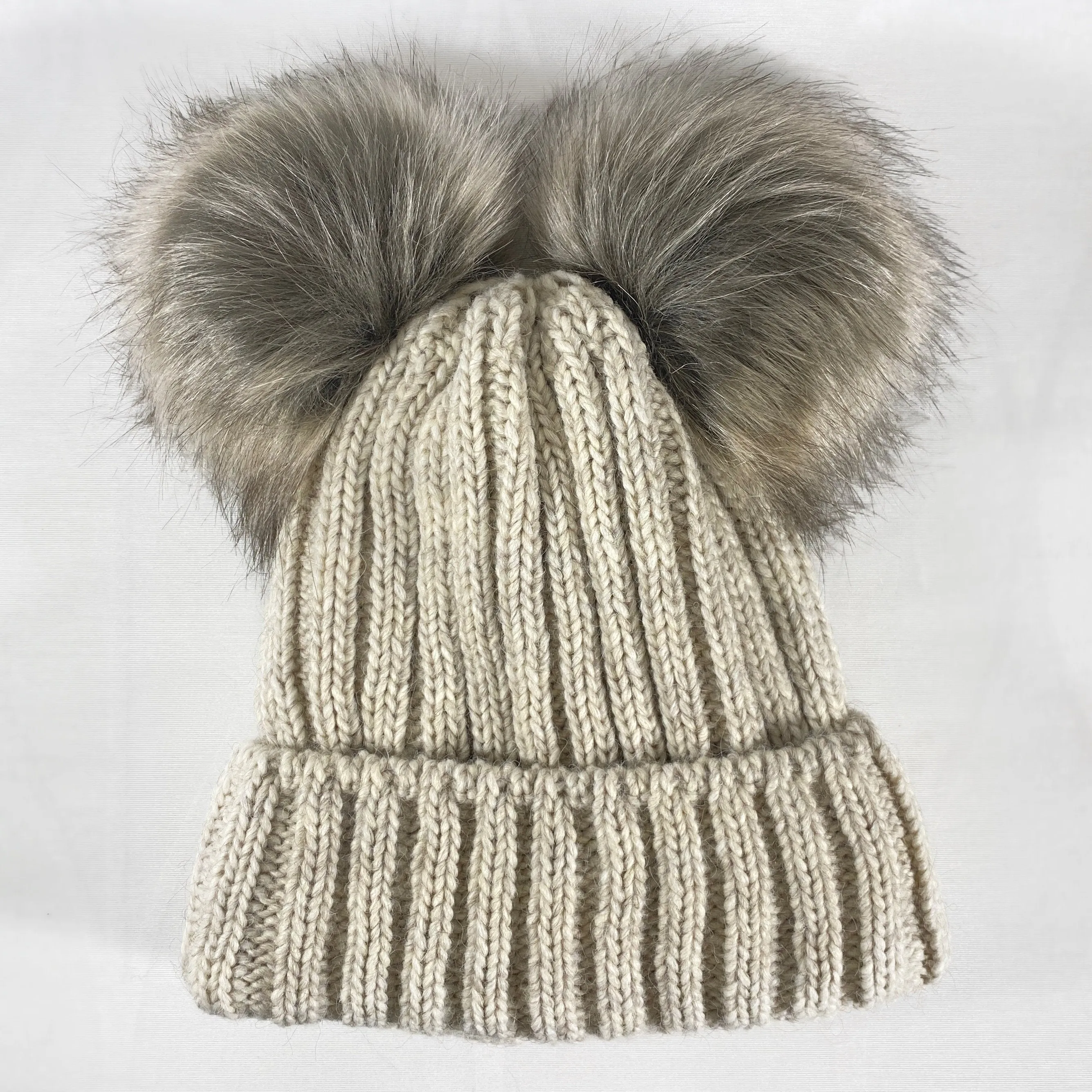 Beige and Brown Winter Beanie With Two Pompoms - Made From Italian Wool, Acrylic Yarn, and Faux Fur