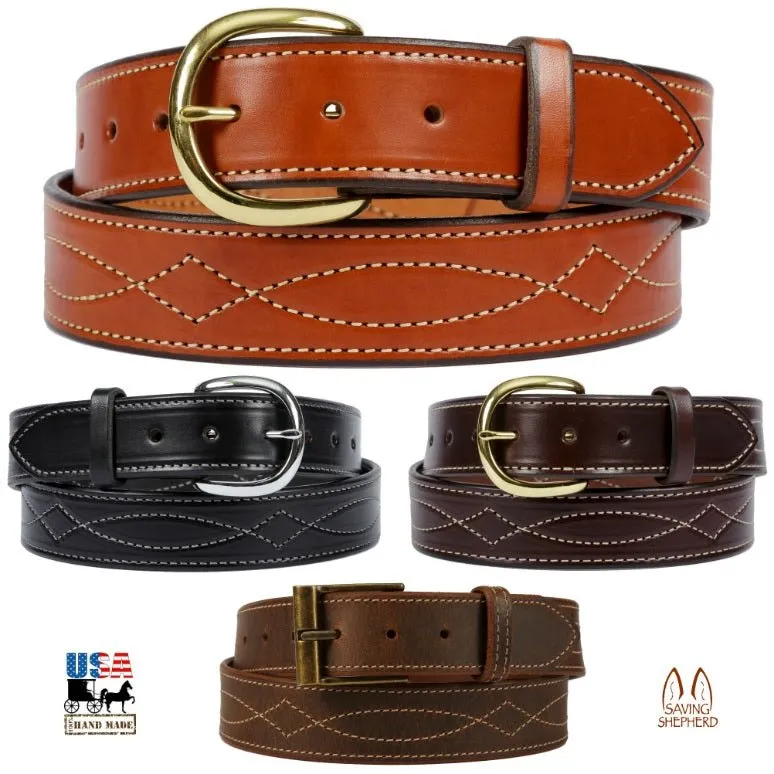 BIG & TALL FANCY STITCH LEATHER BELT - 1½" Wide Leather in 4 Colors