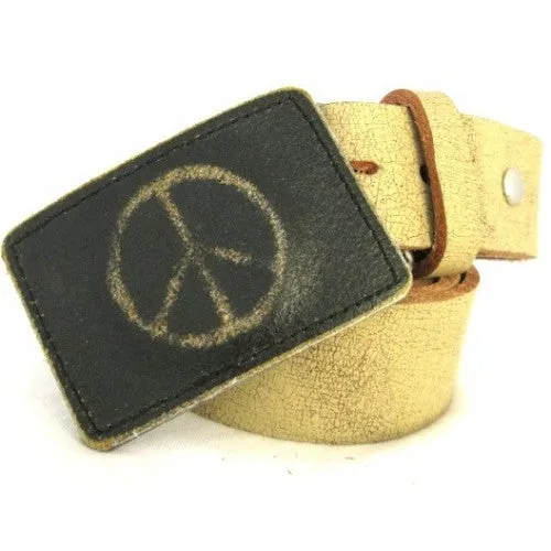 Black Leather Peace Sign Rectangle Belt Buckle for Women