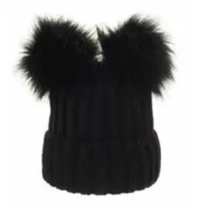 Black Winter Beanie With Two Pompoms - Made From Italian Wool, Acrylic Yarn, and Faux Fur
