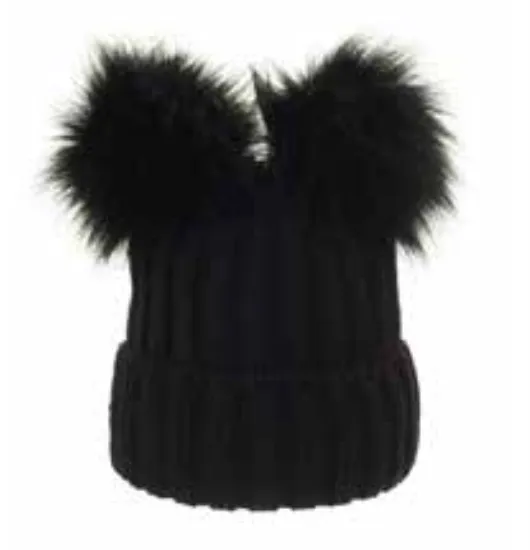 Black Winter Beanie With Two Pompoms - Made From Italian Wool, Acrylic Yarn, and Faux Fur