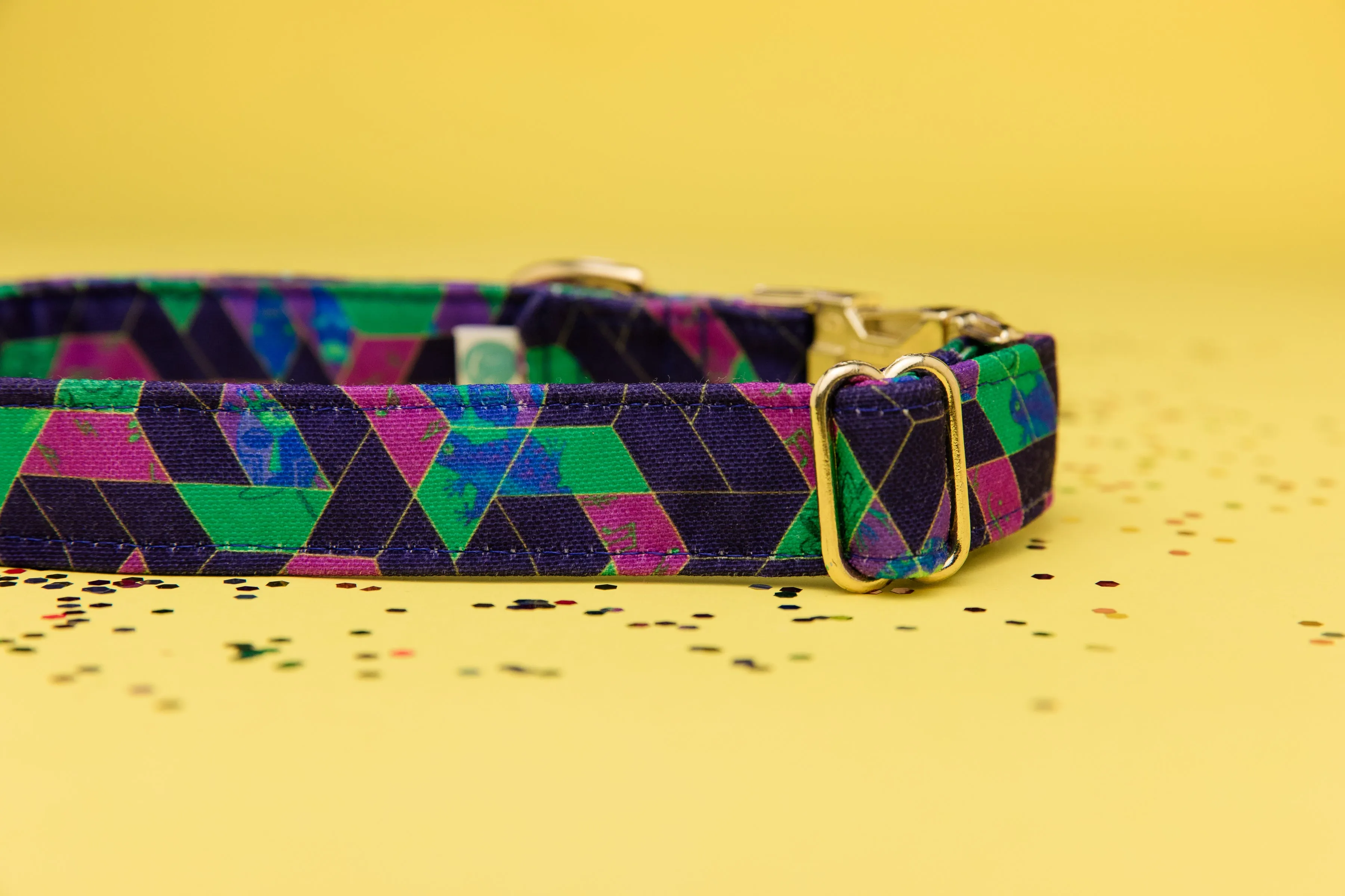 Bright Colored Geometric Water Resistant Dog Collar with Frogs Faces Musical Notes