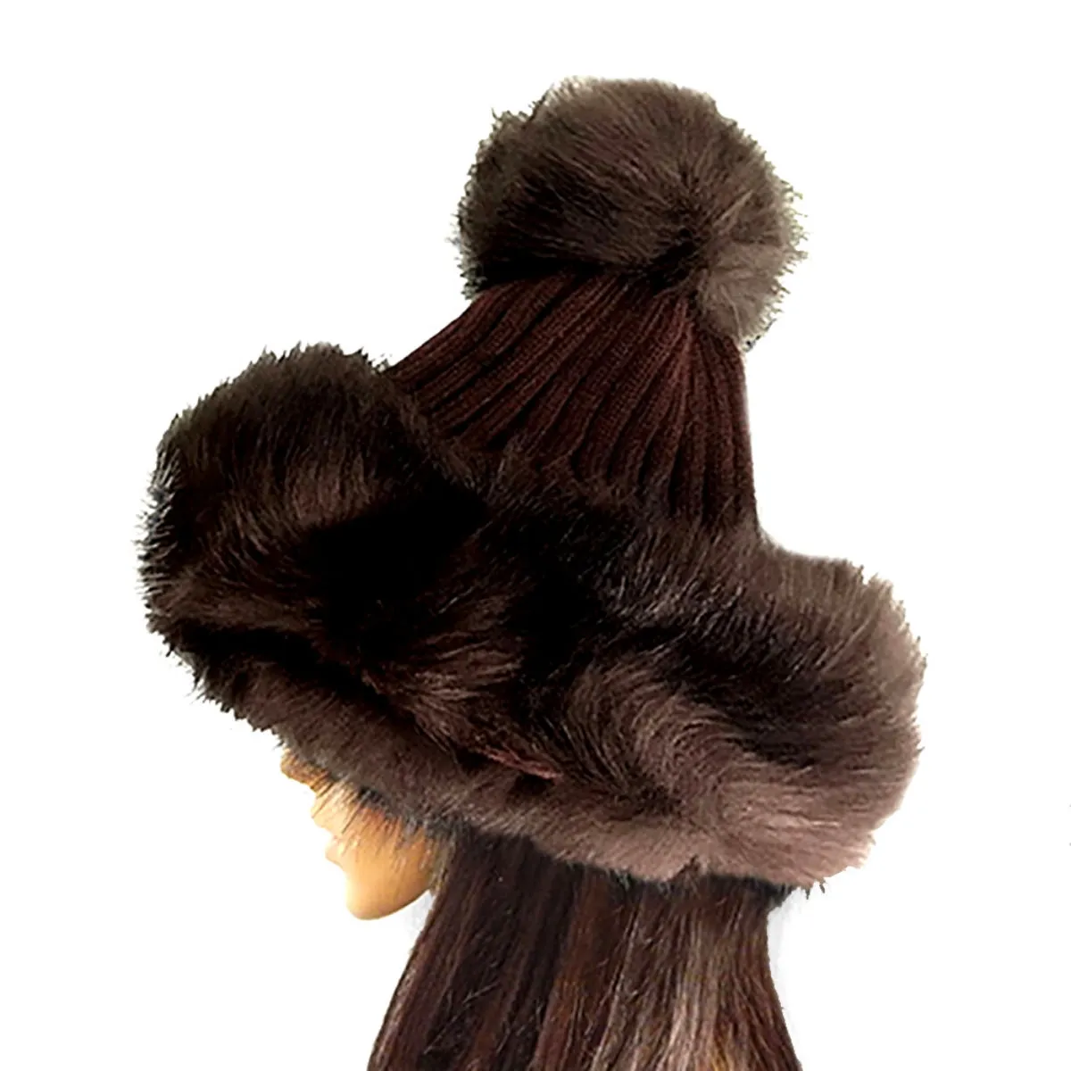 Brown Knit and Fur Pom Beanie