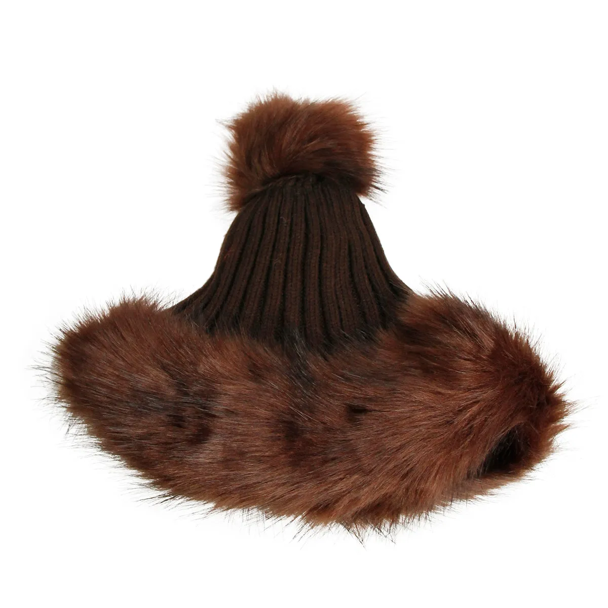 Brown Knit and Fur Pom Beanie