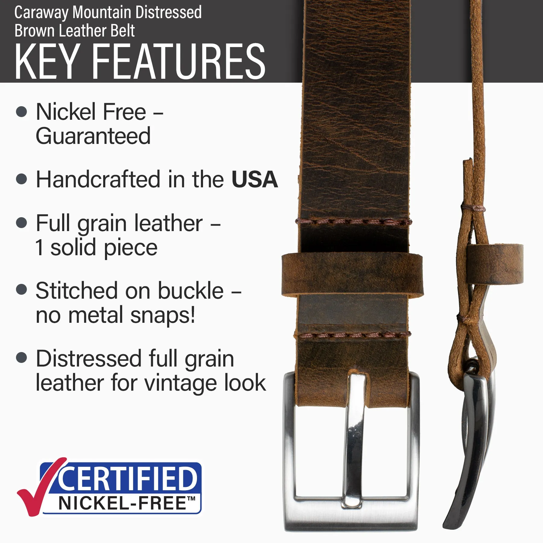 Caraway Mountain Distressed Brown Leather Belt by Nickel Smart®