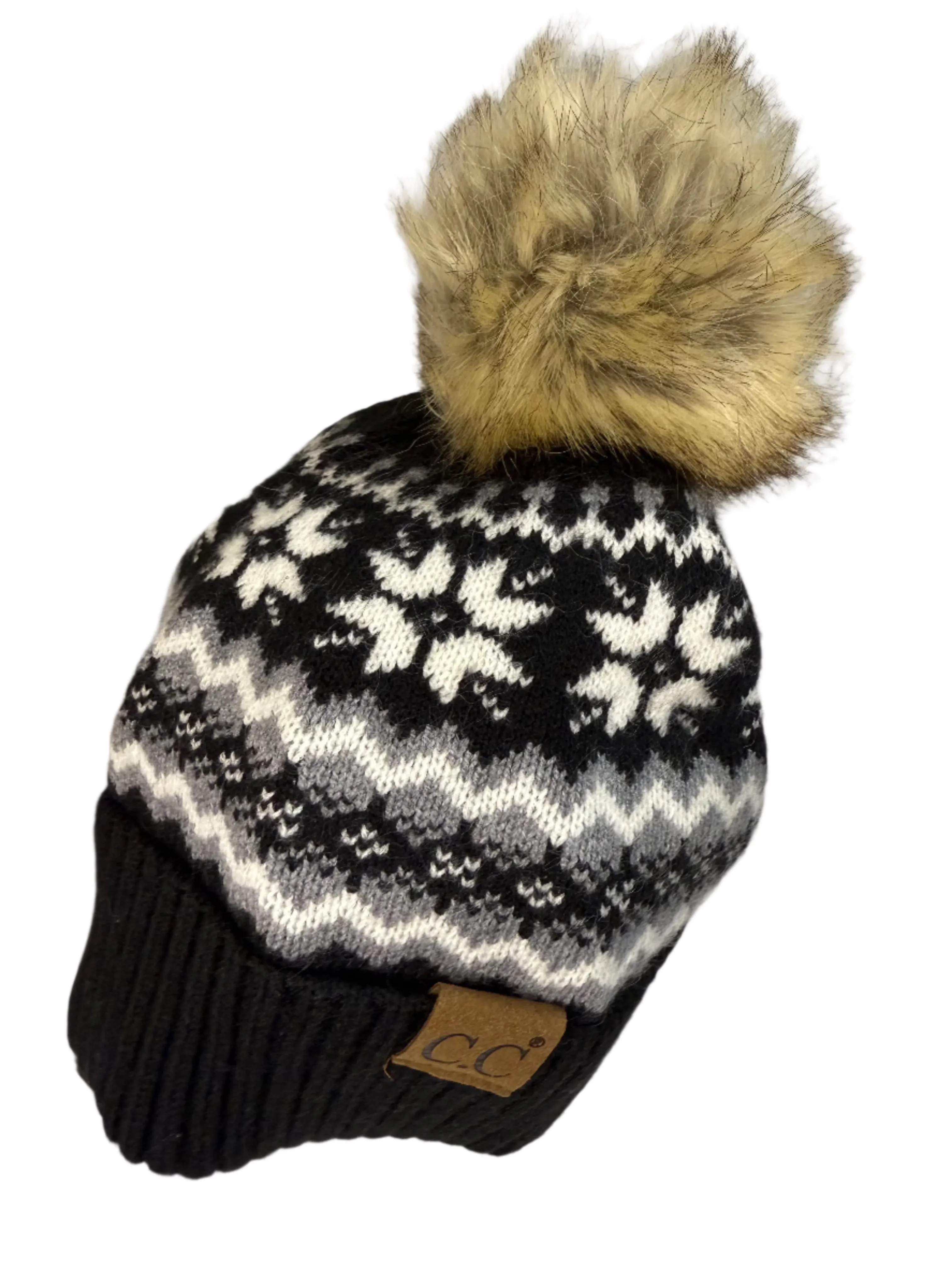 CC Snowflake Pattern Beanie with Pom Pom - Beige or Black