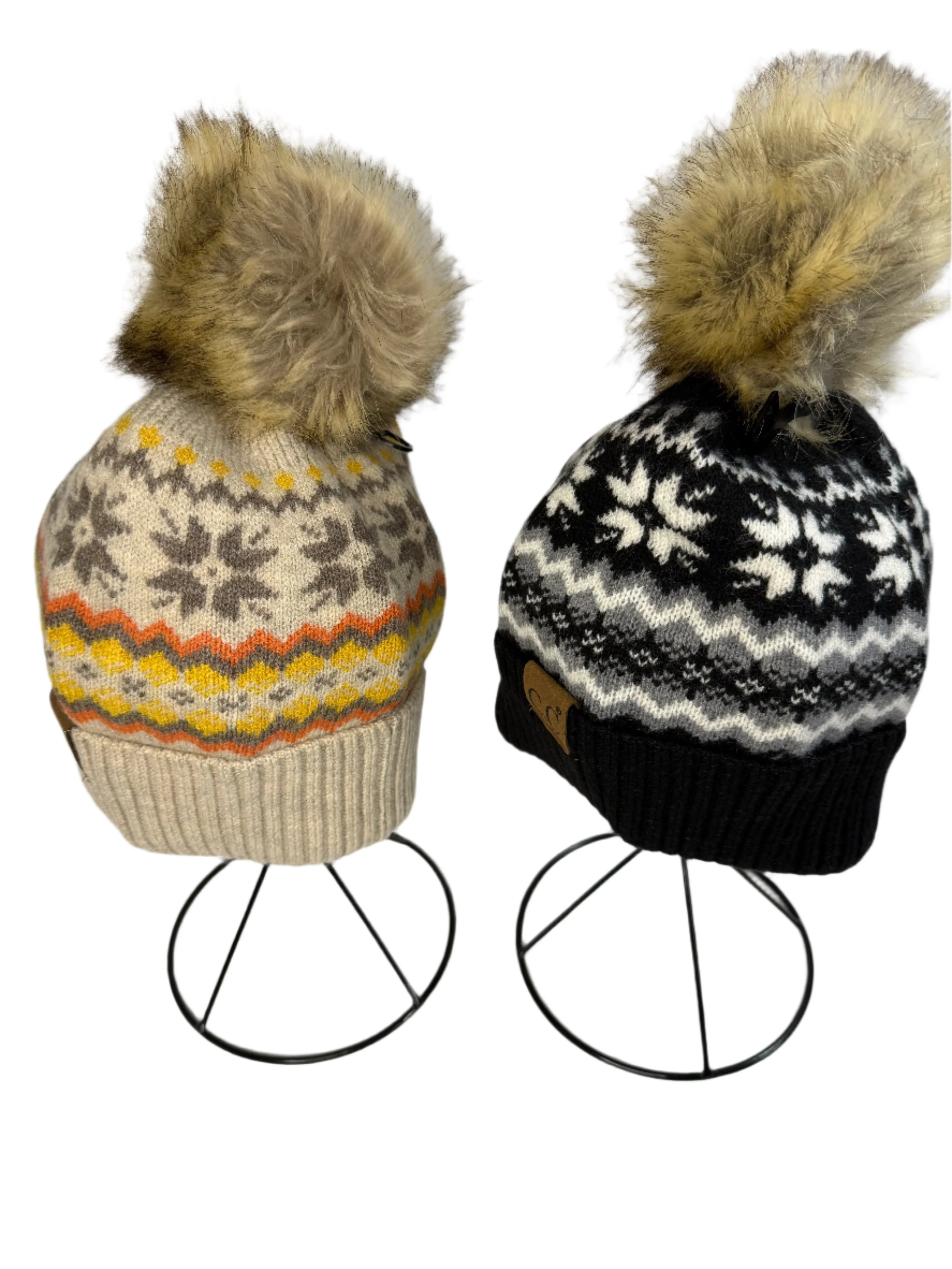 CC Snowflake Pattern Beanie with Pom Pom - Beige or Black