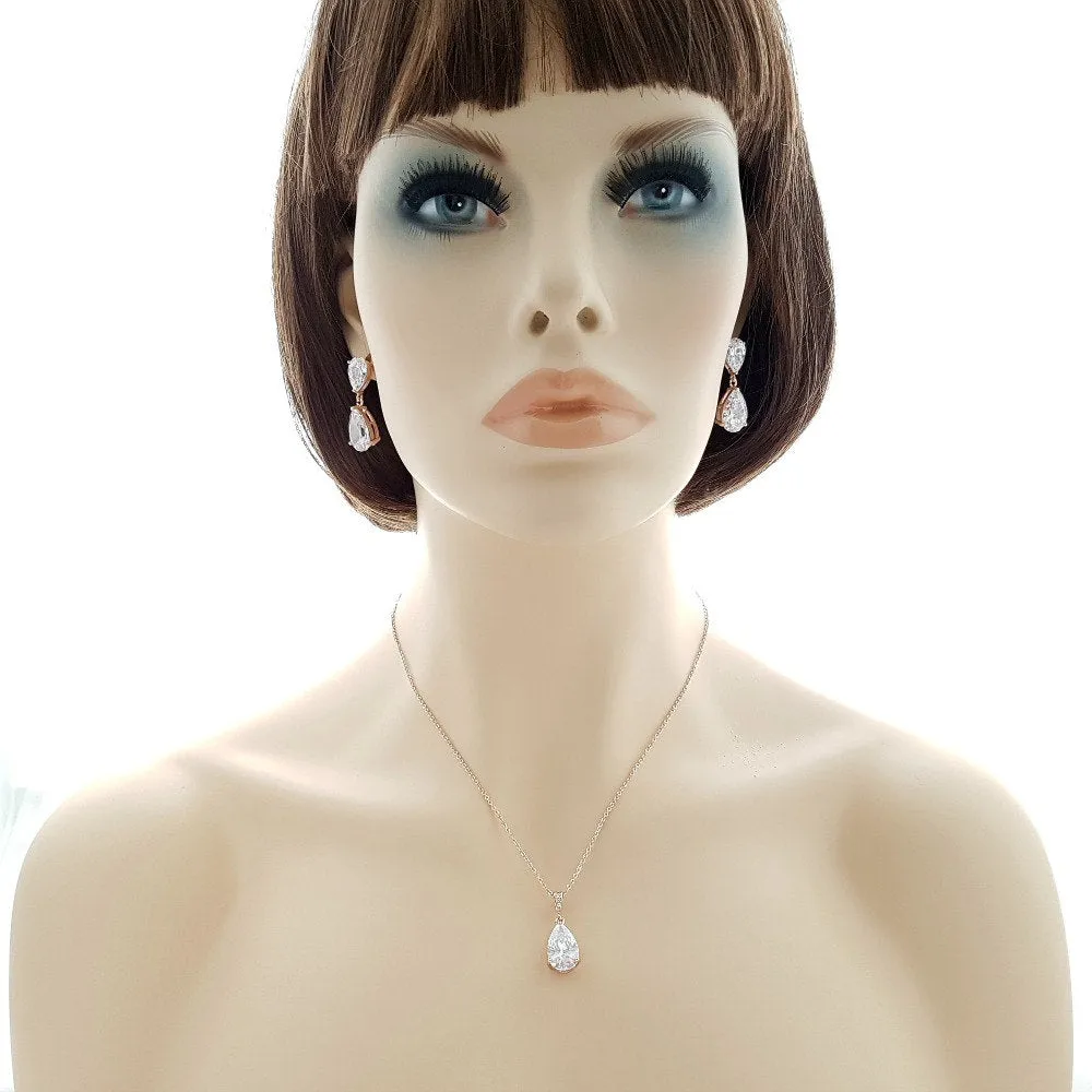 Clear Cubic Zirconia Earrings and Necklace Set in Rose Gold-Clara