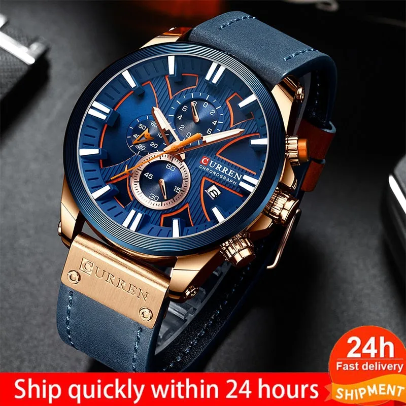 CURREN Men Watch Leather Brand Luxury Quartz Chronograph Watch
