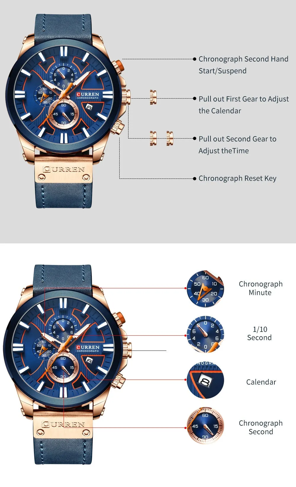 CURREN Men Watch Leather Brand Luxury Quartz Chronograph Watch