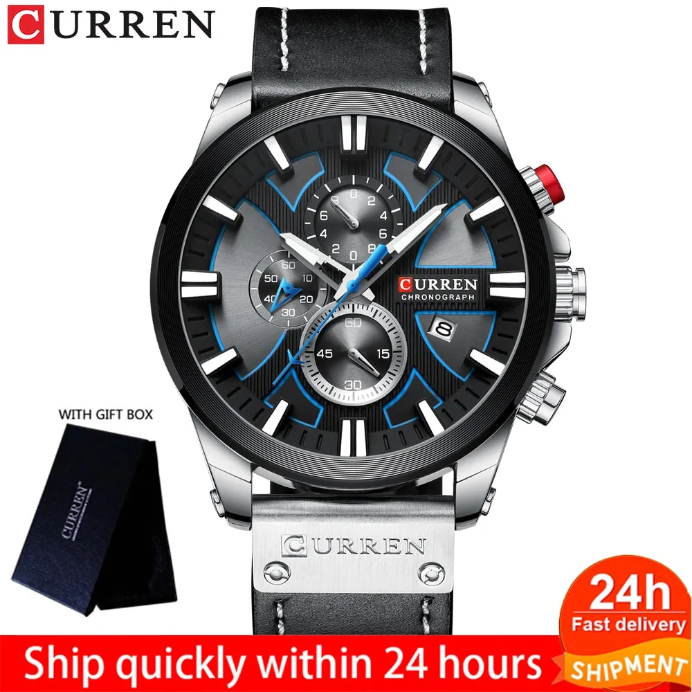CURREN Men Watch Leather Brand Luxury Quartz Chronograph Watch