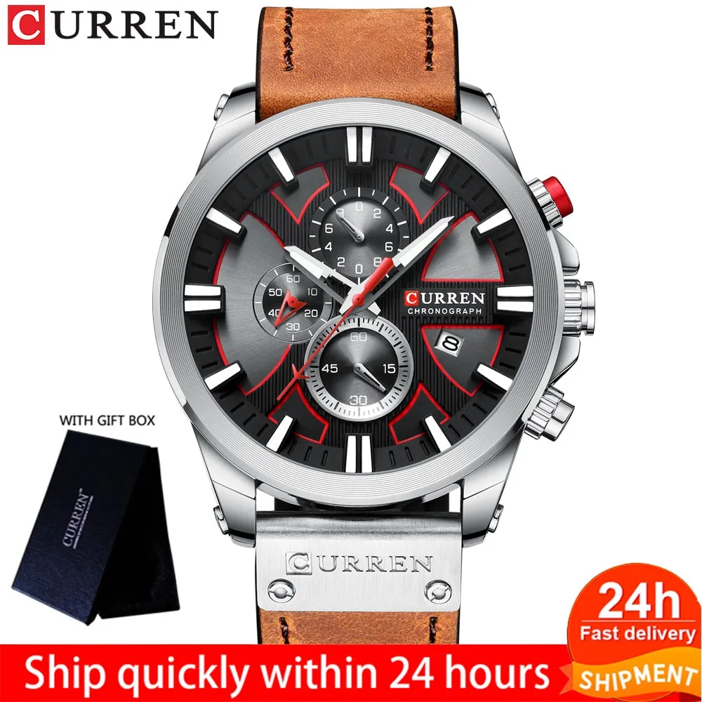 CURREN Men Watch Leather Brand Luxury Quartz Chronograph Watch