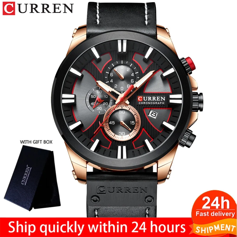 CURREN Men Watch Leather Brand Luxury Quartz Chronograph Watch