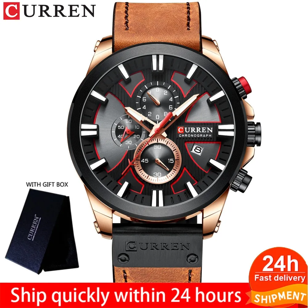 CURREN Men Watch Leather Brand Luxury Quartz Chronograph Watch