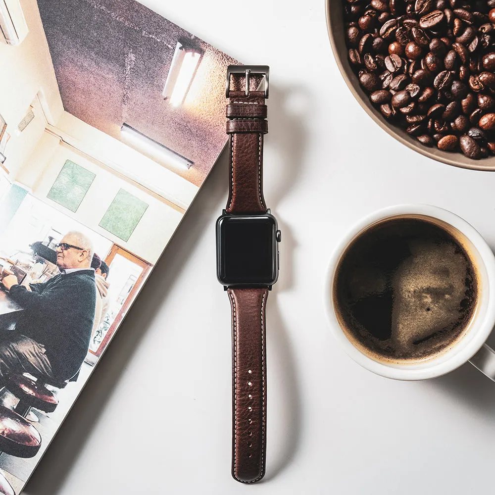 D6 Italian Minerva Box Leather Strap for Apple Watch SE, ULTRA 2, Series 1-9 42/44/45/49mm(Brown)