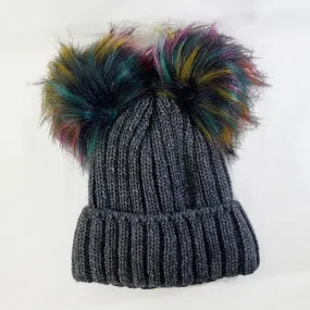 Dark Gray Winter Beanie With Two Multicolor Pompoms - Made From Italian Wool, Acrylic Yarn, and Faux Fur