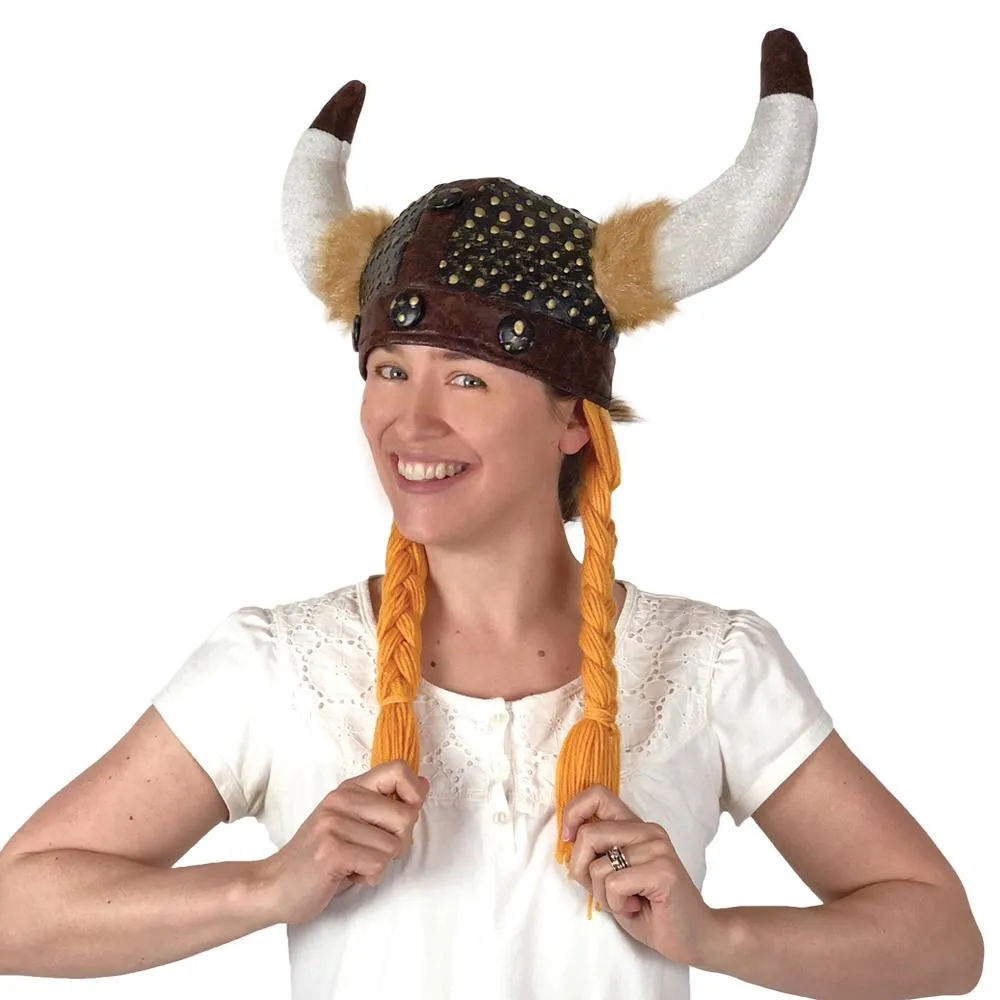 Deluxe Cloth Horned Nordic Costume Viking Helmet with Braids