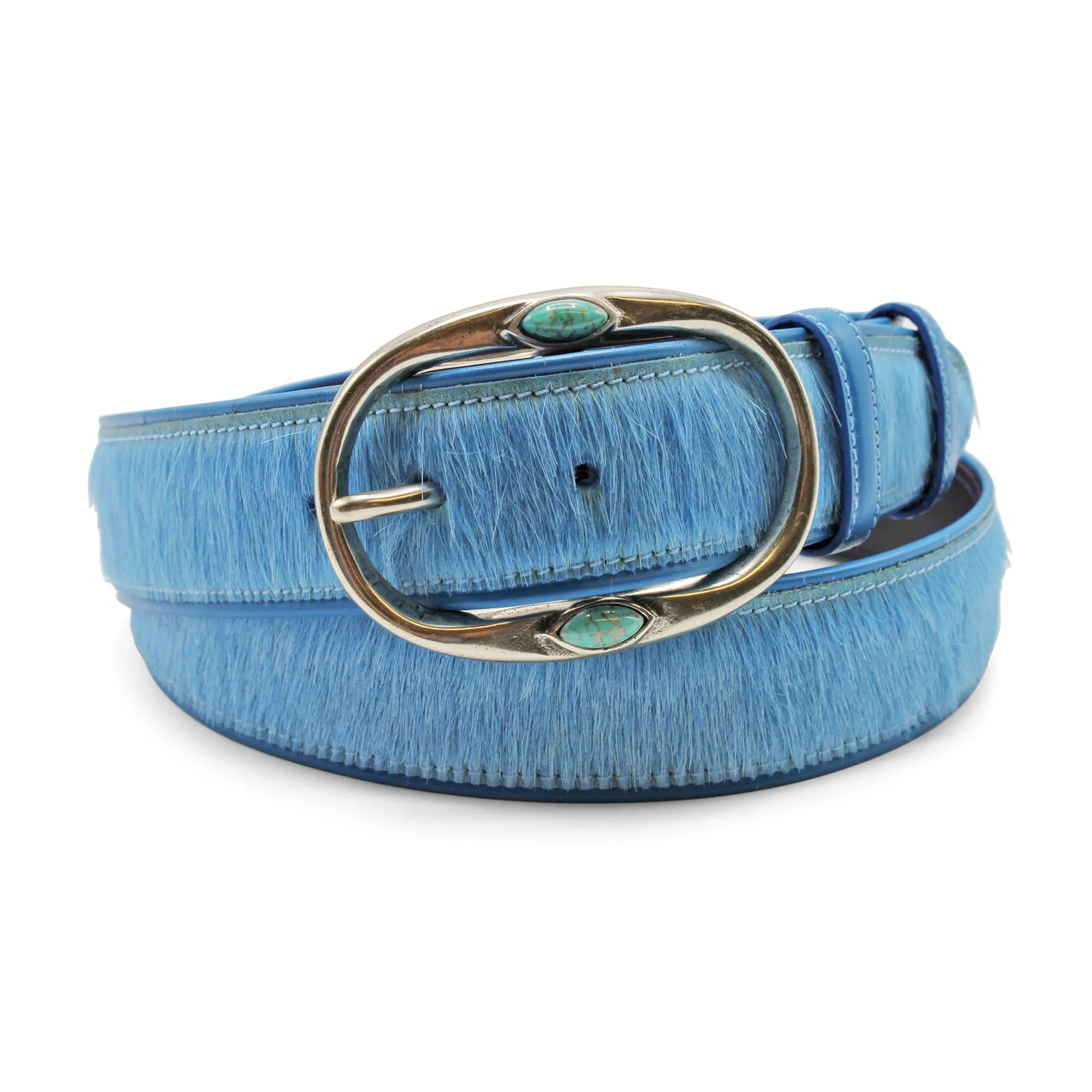 Denim Pony Hair Turq Prong Belt