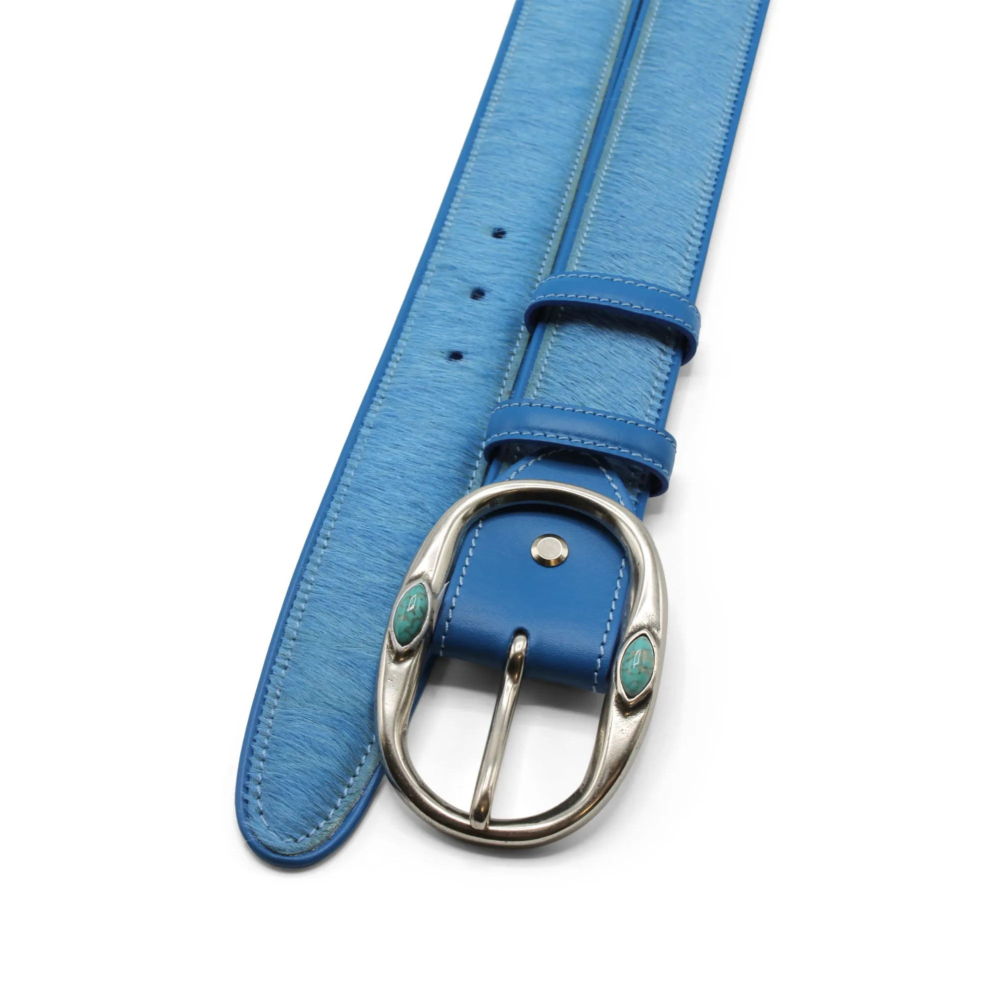 Denim Pony Hair Turq Prong Belt