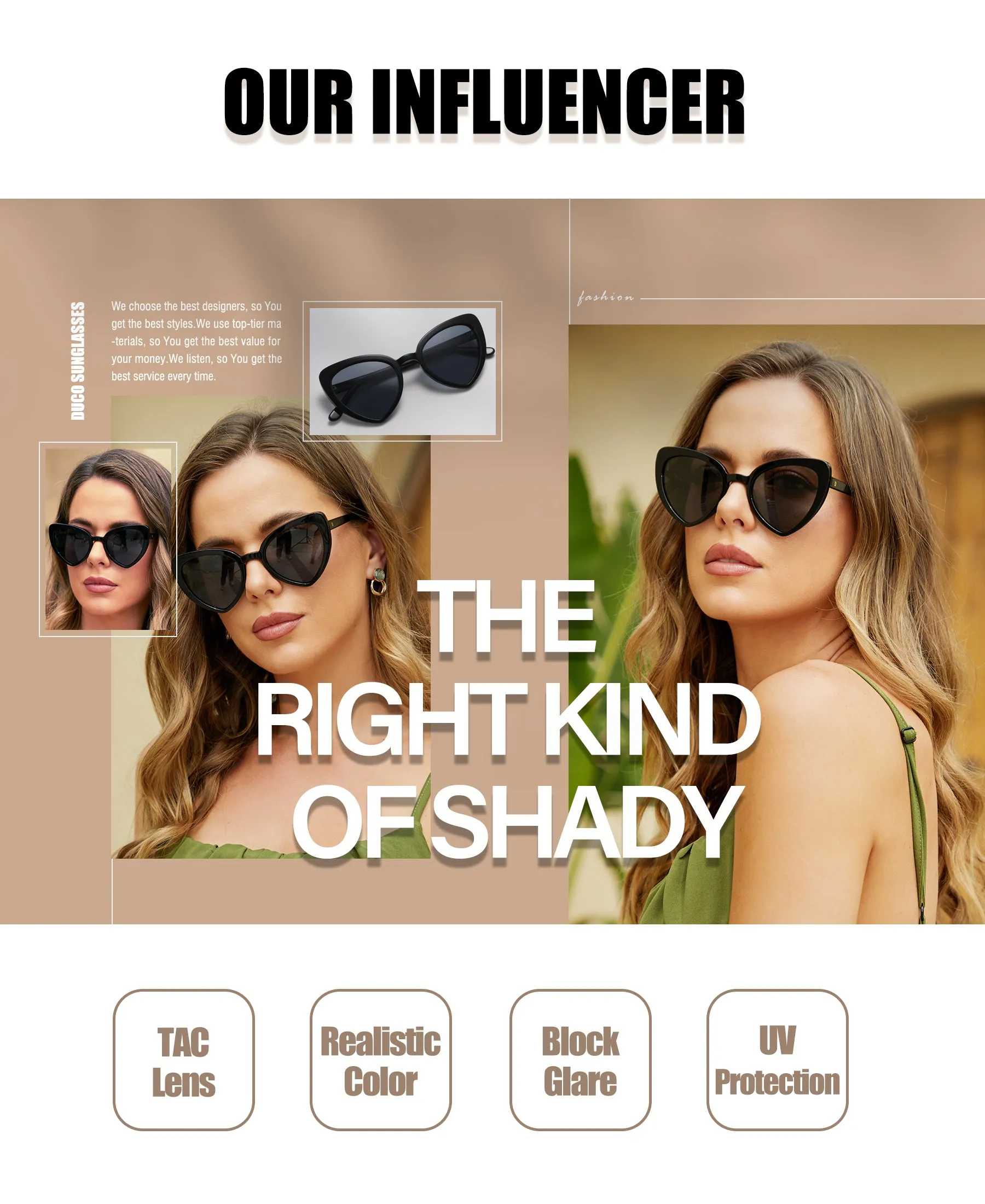 DUCO Trendy Heart Polarized Sunglasses for Women Narrow Cat Eye Vintage Shades DC1206
