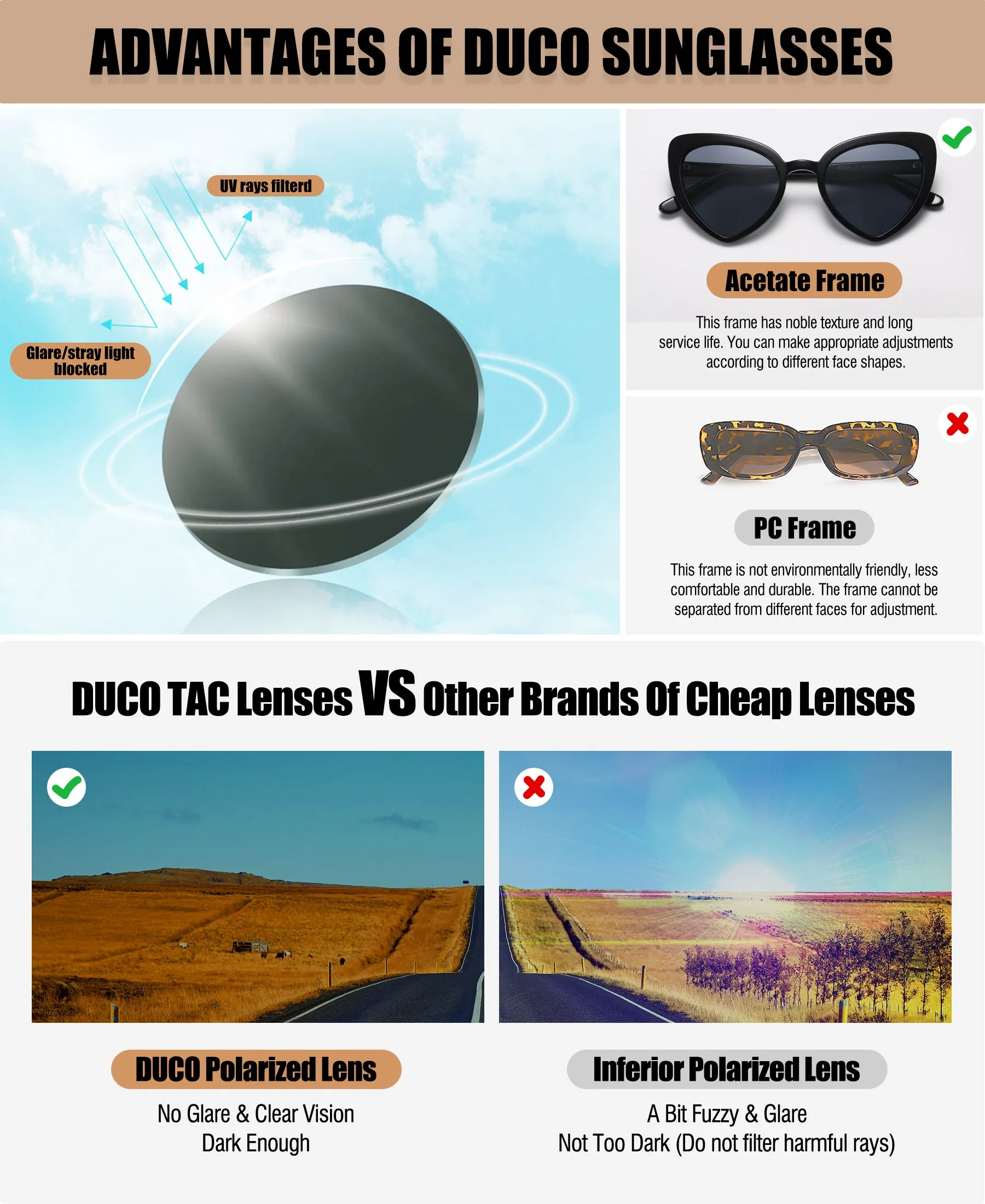 DUCO Trendy Heart Polarized Sunglasses for Women Narrow Cat Eye Vintage Shades DC1206