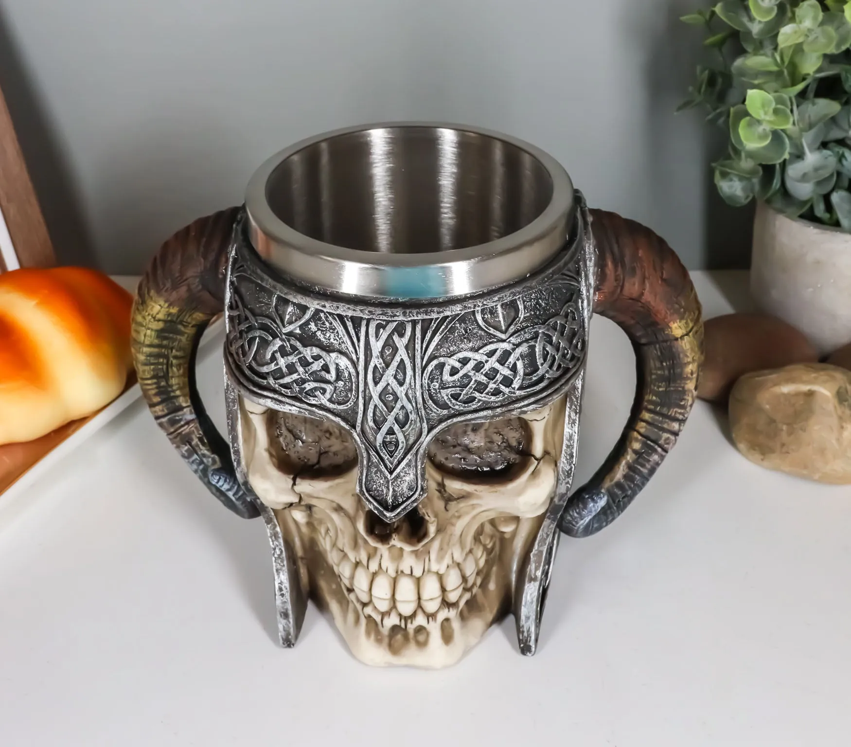 Ebros Viking Ram Horned Warrior Skull With Battle Helmet Tankard Cup Mug 13oz
