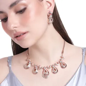 Estele Rose Gold Plated Sparkling Drop Designer Necklace Set with White Austrian Crystals for Women