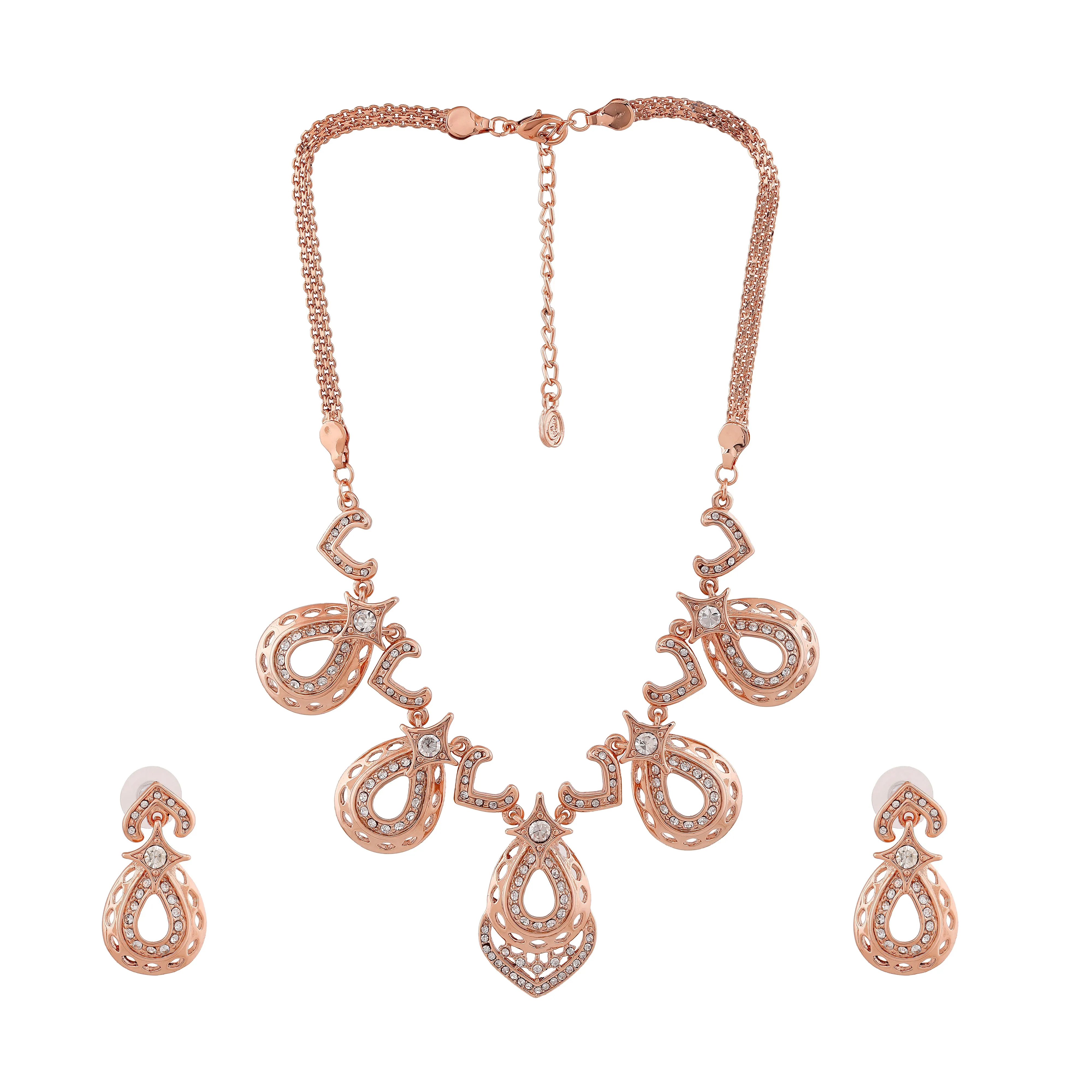 Estele Rose Gold Plated Sparkling Drop Designer Necklace Set with White Austrian Crystals for Women