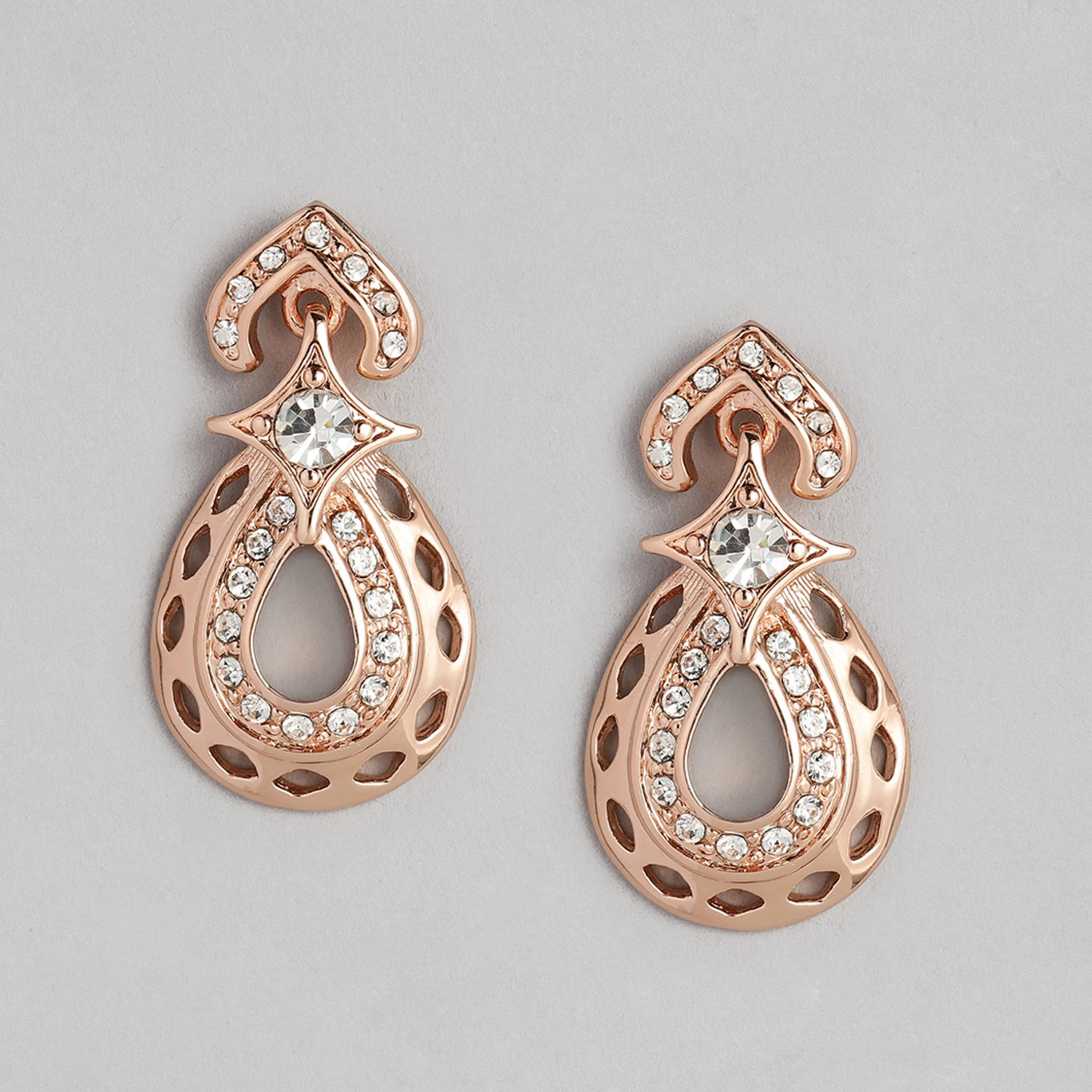 Estele Rose Gold Plated Sparkling Drop Designer Necklace Set with White Austrian Crystals for Women