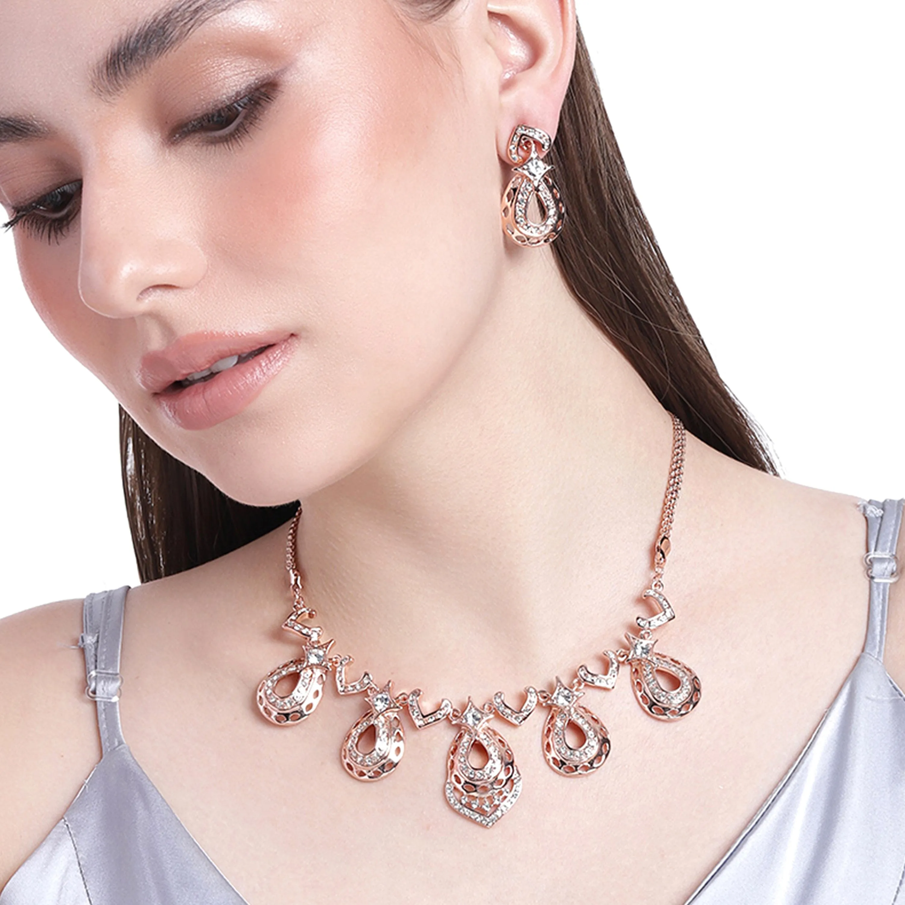 Estele Rose Gold Plated Sparkling Drop Designer Necklace Set with White Austrian Crystals for Women