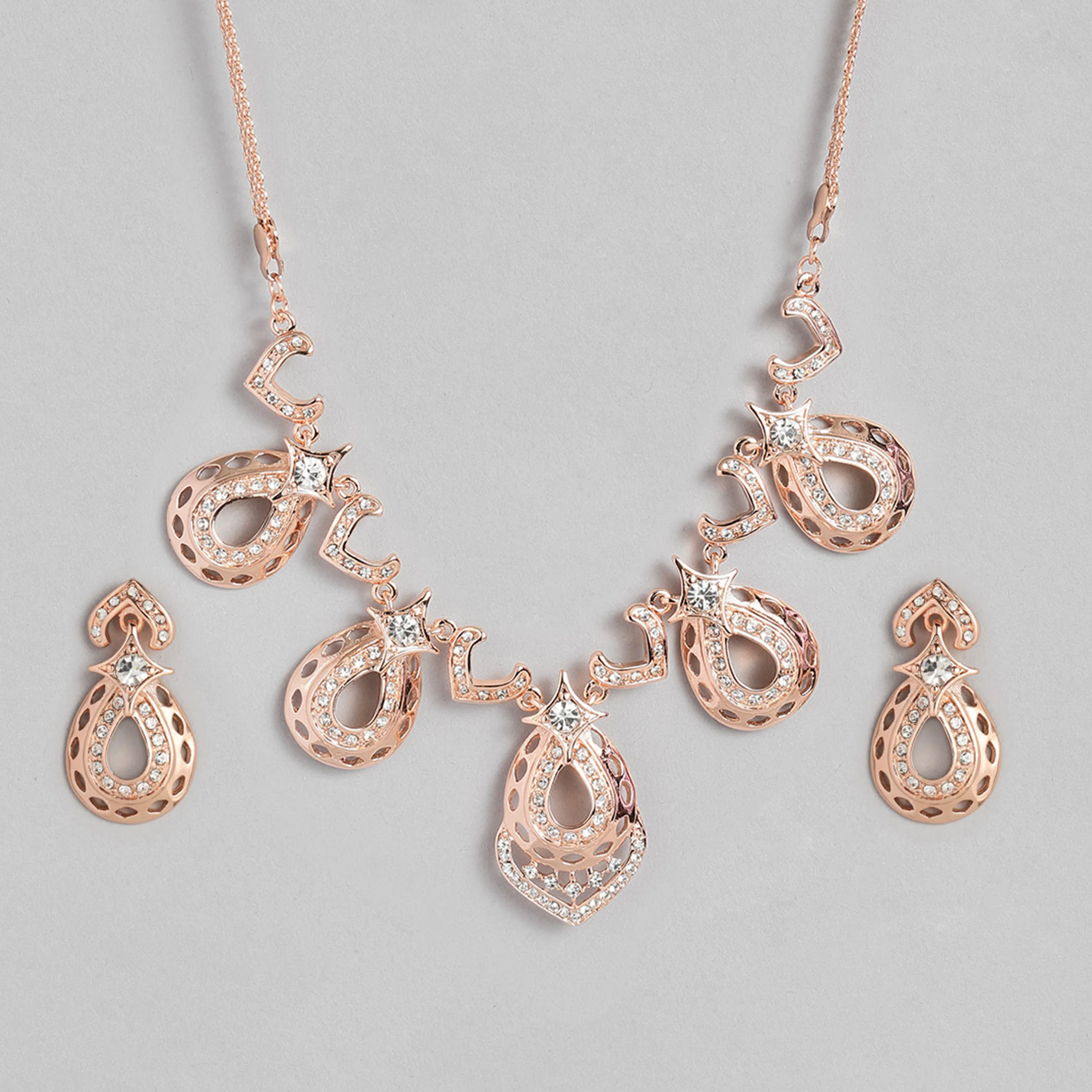 Estele Rose Gold Plated Sparkling Drop Designer Necklace Set with White Austrian Crystals for Women